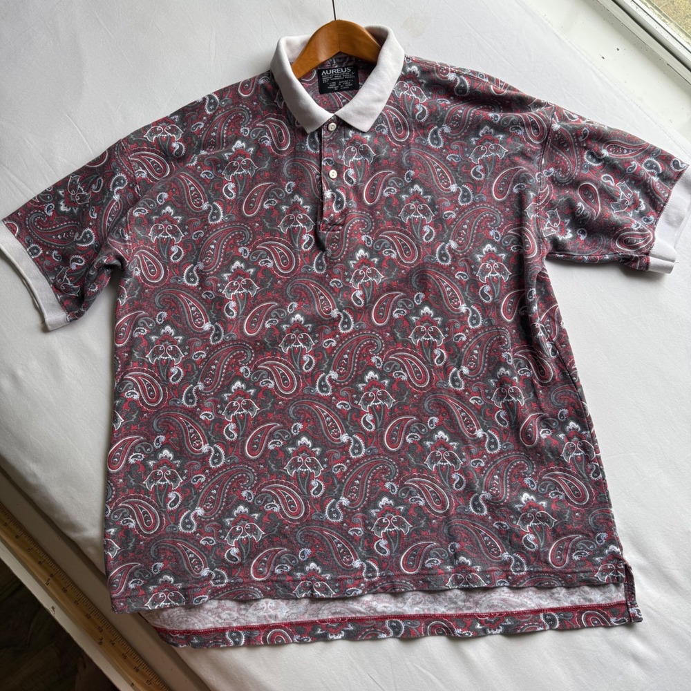 Aureus Mens Large Paisley Polo Shirt Red Grey Cotton Short Sleeve VTG 80s Swaggy